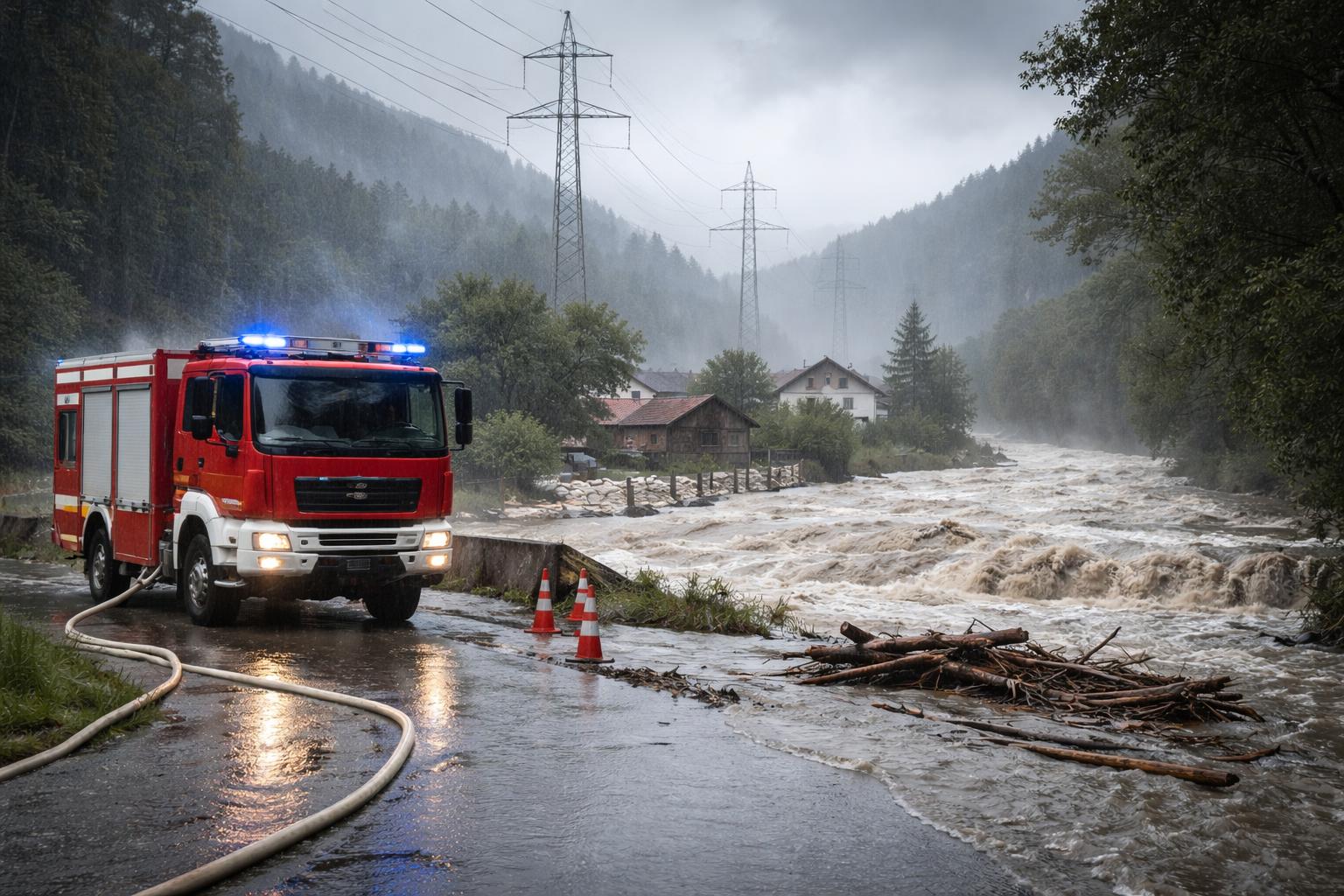 Redaktionelle Szene zum Thema „Starkregen sorgt in Kärnten für Überschwemmungen und zahlreiche Feuerwehreinsätze“