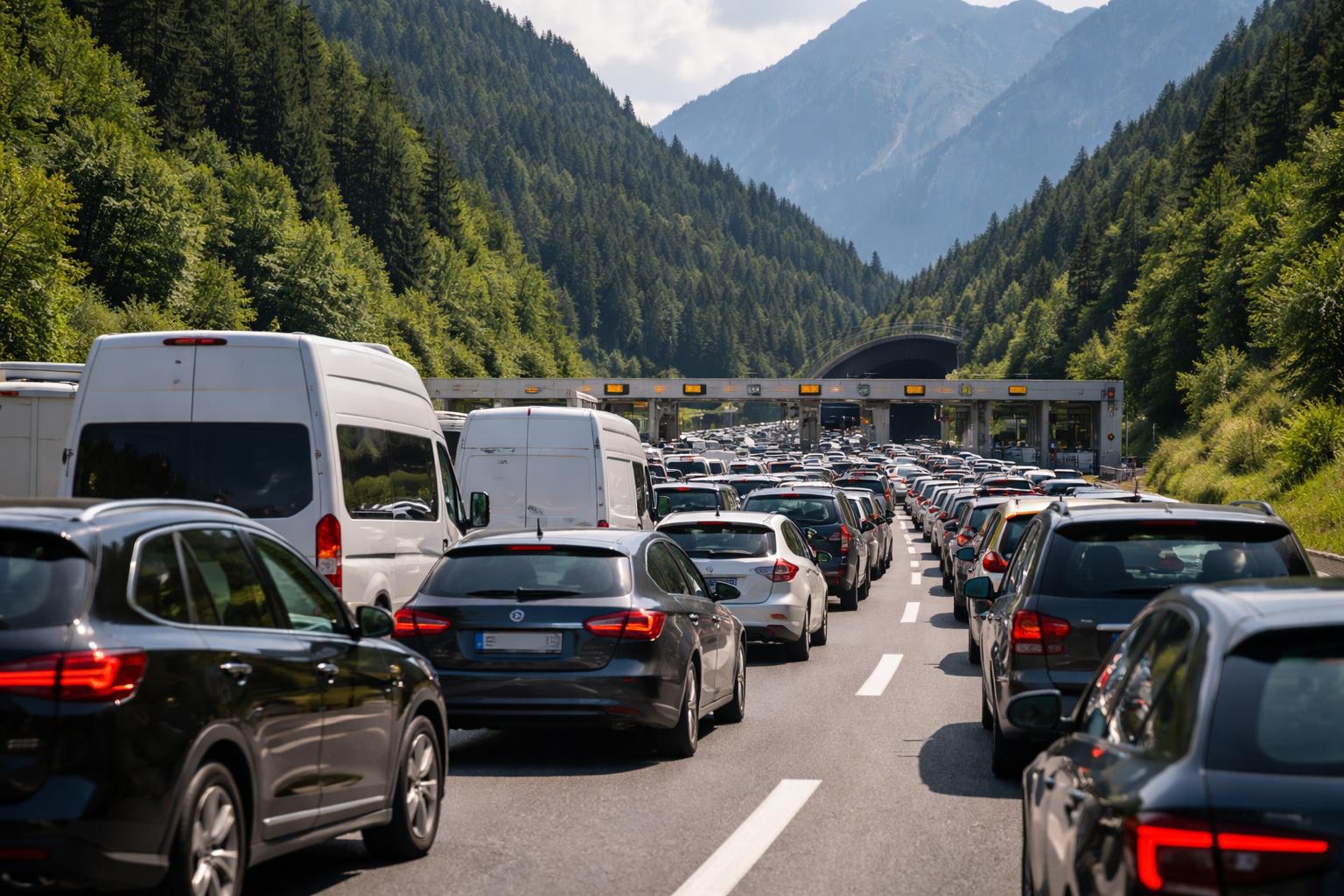 Redaktionelle Szene zum Thema „Staus am Karawankentunnel bremsten den Ferienverkehr Richtung Süden aus“