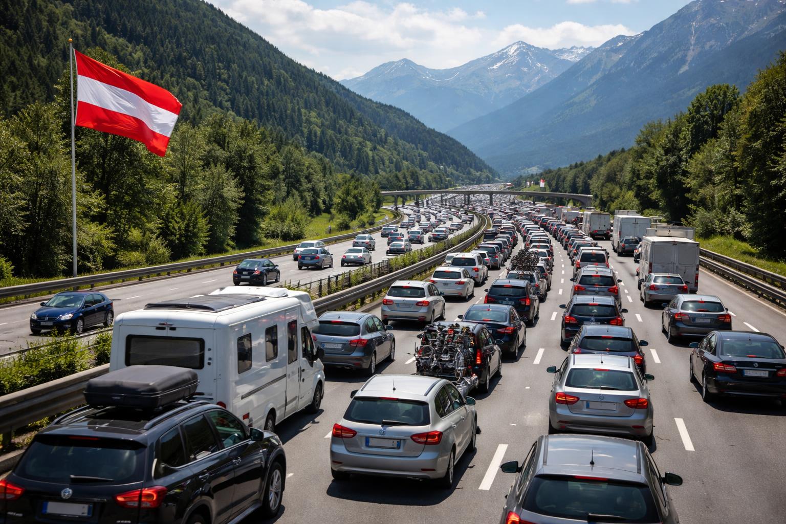 Redaktionelle Szene zum Thema „Staus auf den Nord-Süd-Routen Richtung Italien und Slowenien“