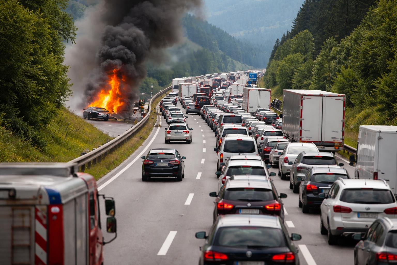 Redaktionelle Szene zum Thema „Staus und Fahrzeugbrände auf steirischen Autobahnen sorgen für langen Rückstau“