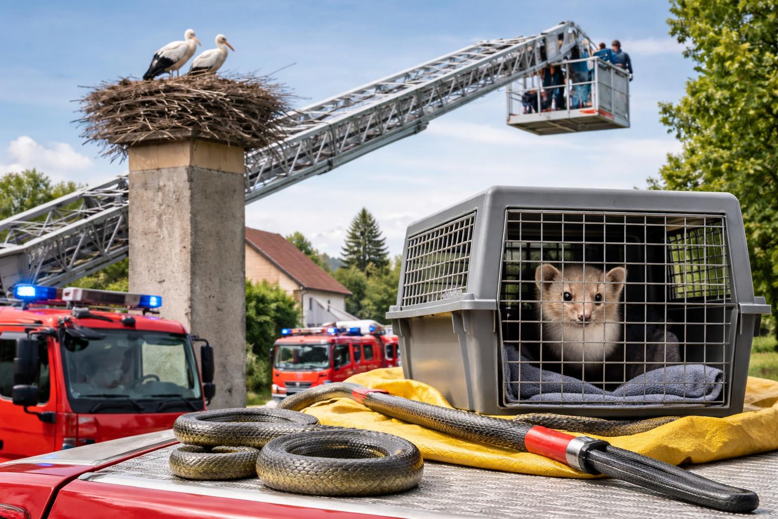 Redaktionelle Szene zum Thema „Störche, Schlange und Marder: Feuerwehren retten mehrere Tiere im Bezirk Bruck an der Leitha“