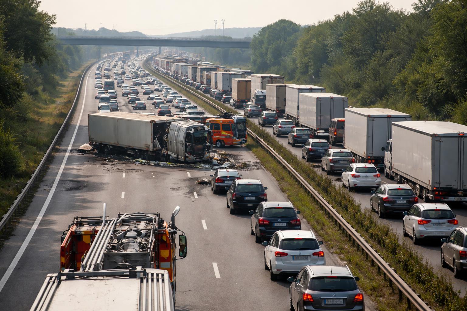 Redaktionelle Szene zum Thema „Stundenlange Sperre nach Lkw-Unfall sorgt für massiven Stau auf der A4“