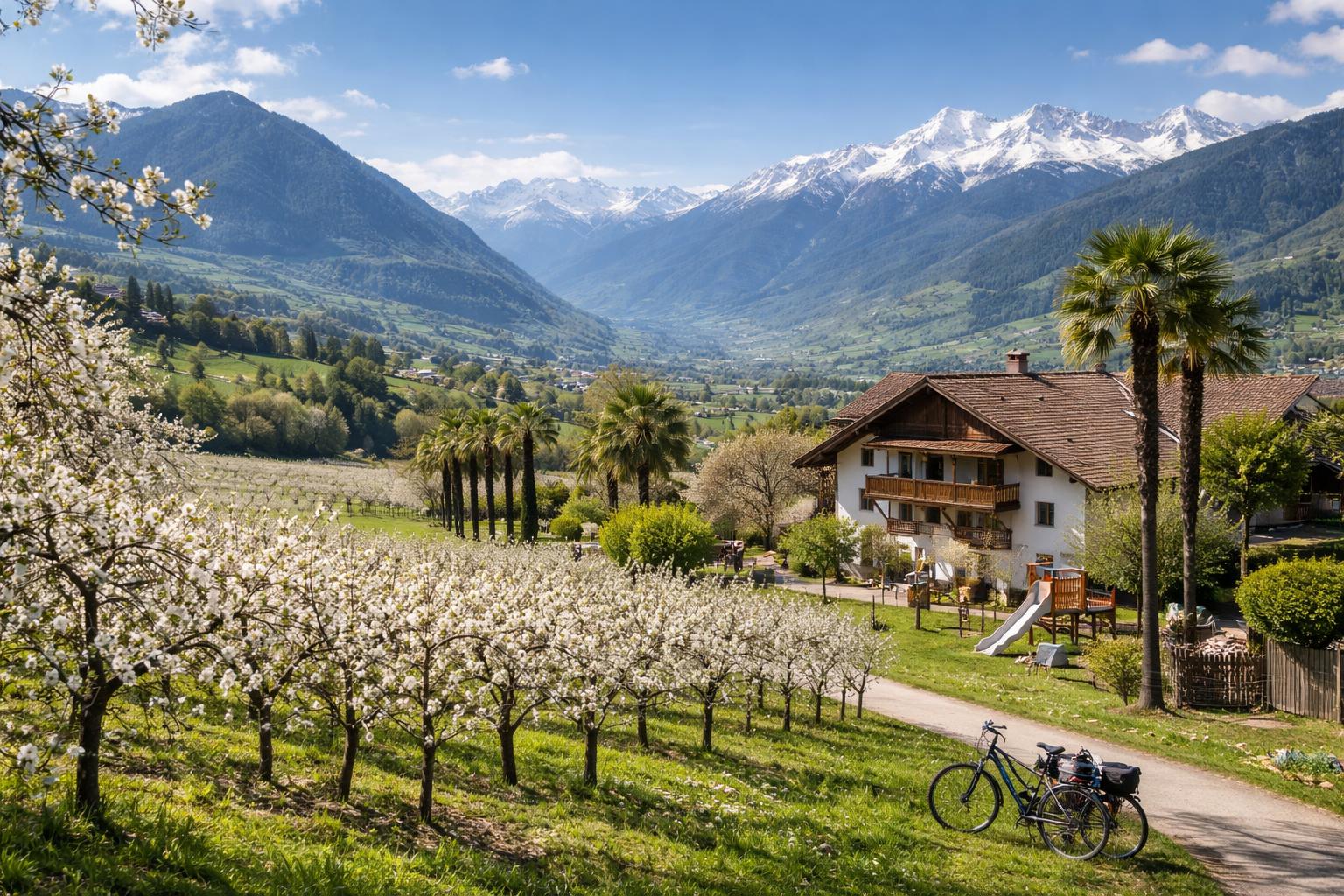 Redaktionelle Szene zum Thema „Südtirol im Frühling: Familienurlaub zwischen Palmen, Apfelblüte und Schnee“
