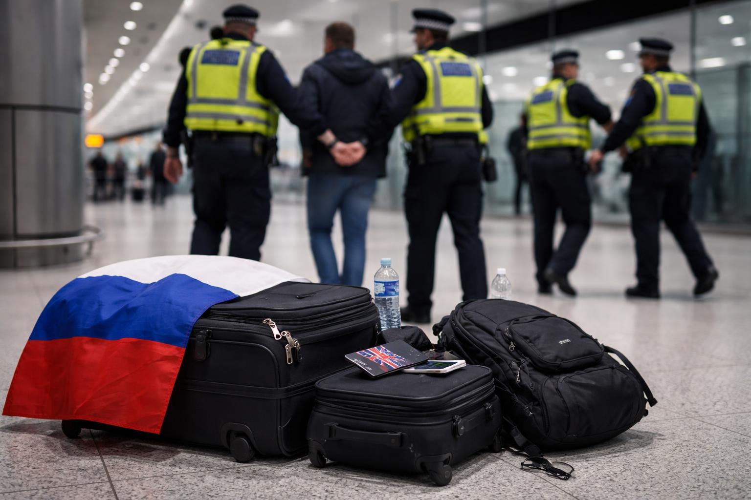 Redaktionelle Szene zum Thema „Tommy Robinson nach Rückkehr aus Russland am Flughafen Heathrow festgenommen“