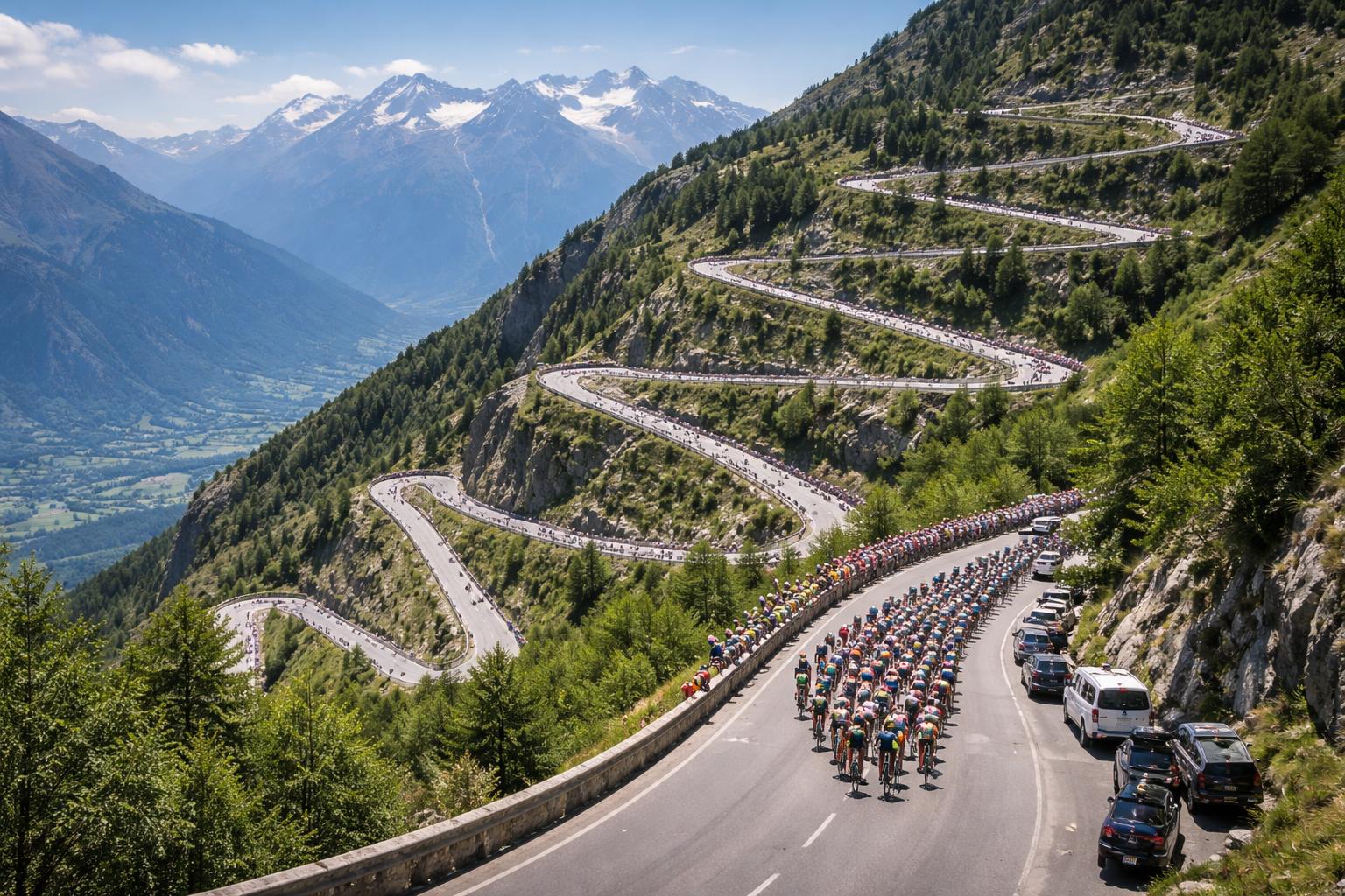 Redaktionelle Szene zum Thema „Tour de France vor Alpe d’Huez: Das Peloton rollt auf die 21 Kehren des Teufels zu“