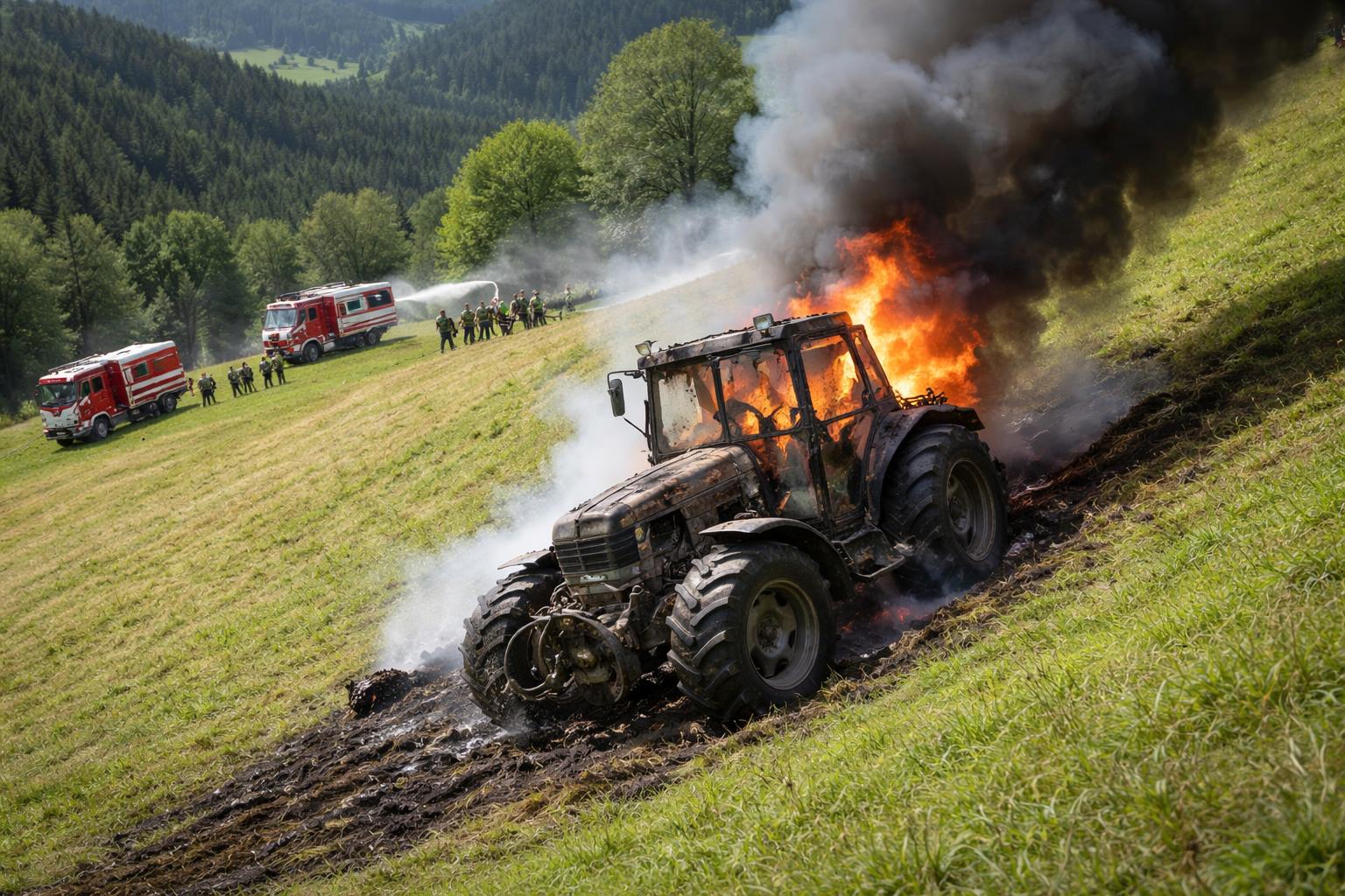 Redaktionelle Szene zum Thema „Traktor geriet bei Mäharbeiten in Eberstein in Brand und rollte einen Hang hinab“