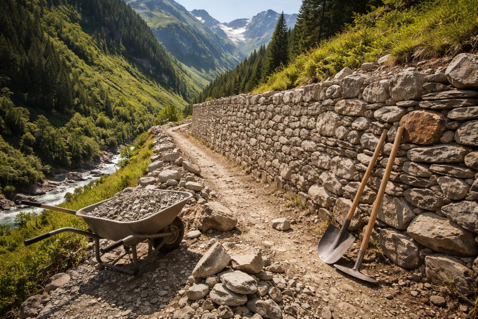 Redaktionelle Szene zum Thema „Trockensteinmauer an der Via Valtellina in Gargellen wird weiter saniert“