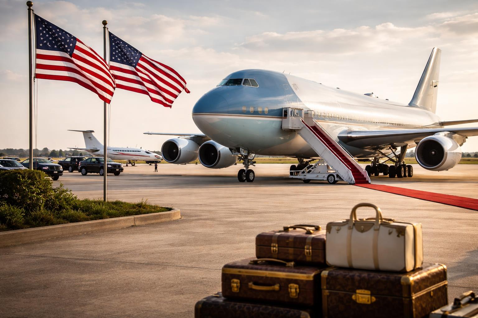 Redaktionelle Szene zum Thema „Trump nutzt erstmals neue Air Force One – Streit um Katar-Geschenk hält an“