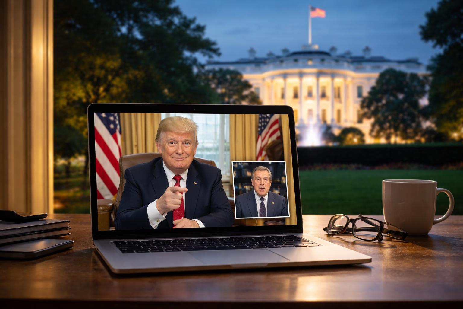 Redaktionelle Szene zum Thema „Trump verspottet Colbert mit KI-Clip aus dem Weißen Haus“