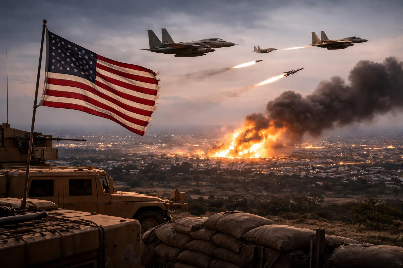 Redaktionelle Szene zum Thema „Trumps USA bleiben in der Kriegsfalle gefangen“