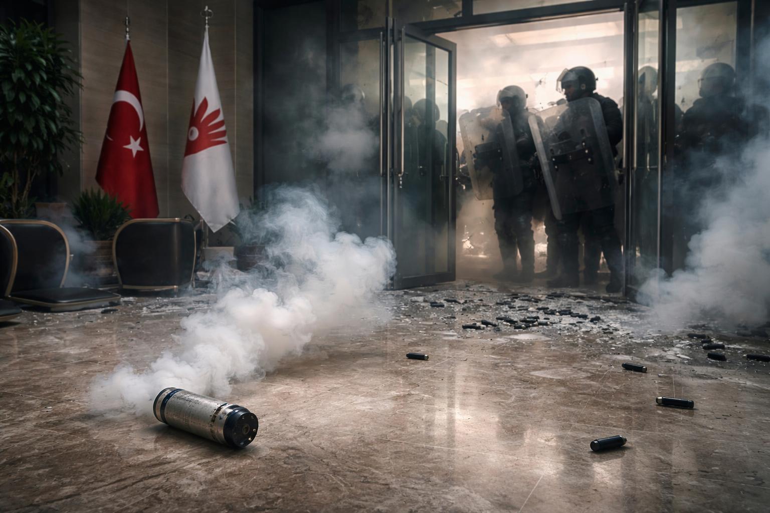 Redaktionelle Szene zum Thema „Türkische Polizei dringt mit Tränengas in CHP-Zentrale in Ankara ein“