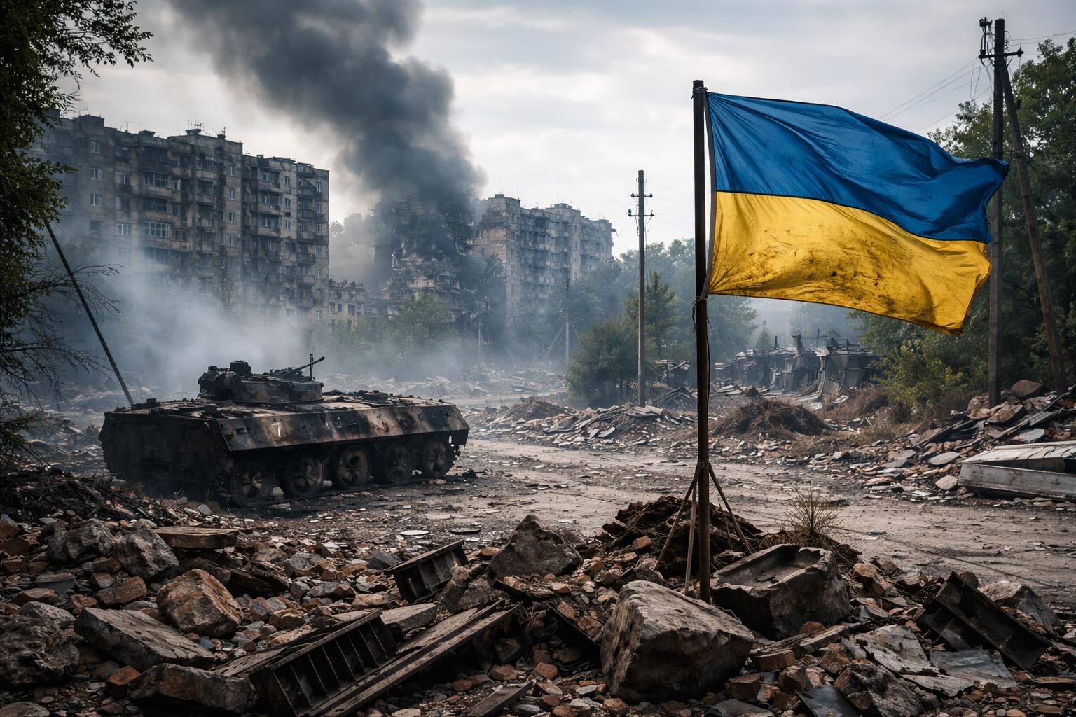 Redaktionelle Szene zum Thema „Ukraine weist russische Einnahmebehauptung zu Kostjantyniwka zurück“