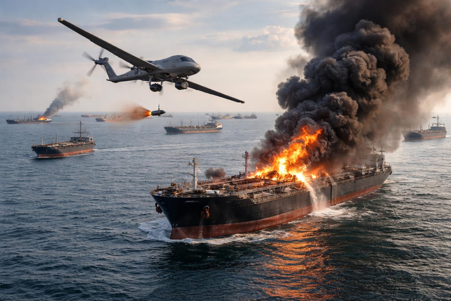 Redaktionelle Szene zum Thema „Ukrainische Drohnen attackieren 21 russische Tanker im Asowschen Meer“