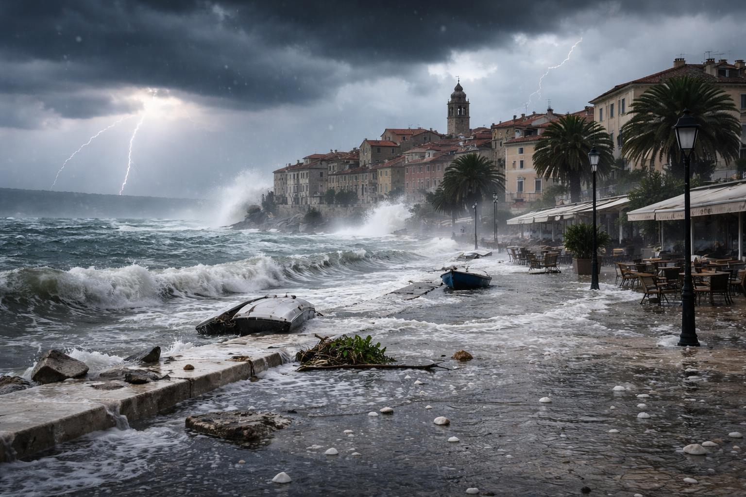 Redaktionelle Szene zum Thema „Unwetter drücken Adria an Kroatiens Nordküste an Land“