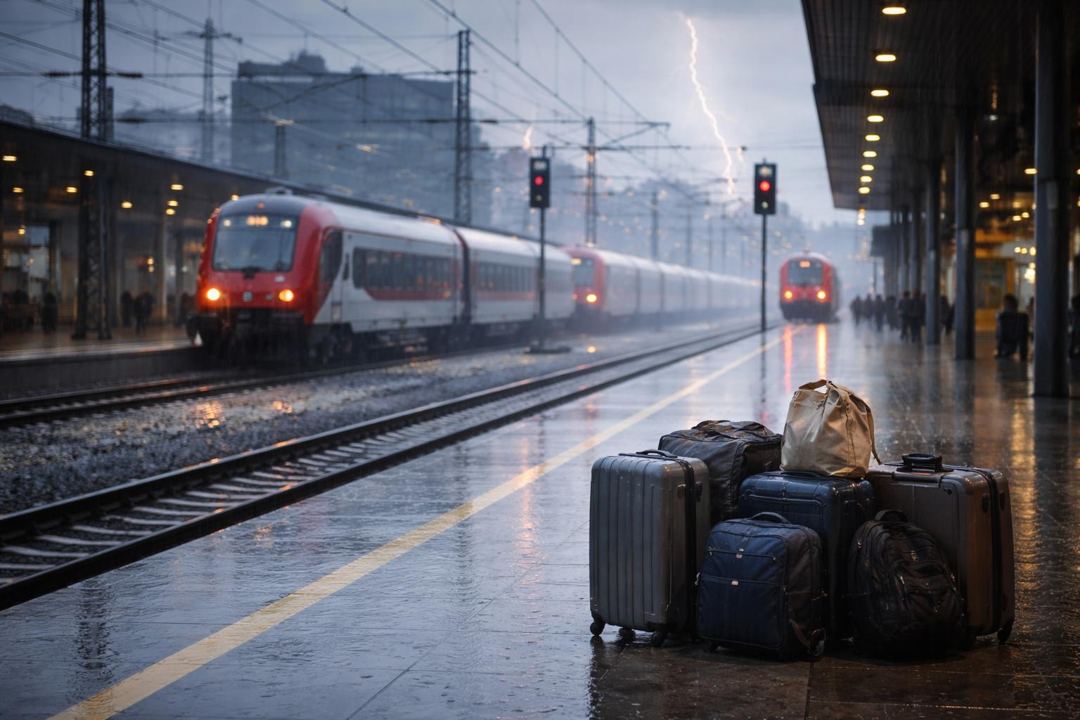 Redaktionelle Szene zum Thema „Unwetter legt Weststrecke zeitweise lahm: Hunderte Reisende warten in Linz“