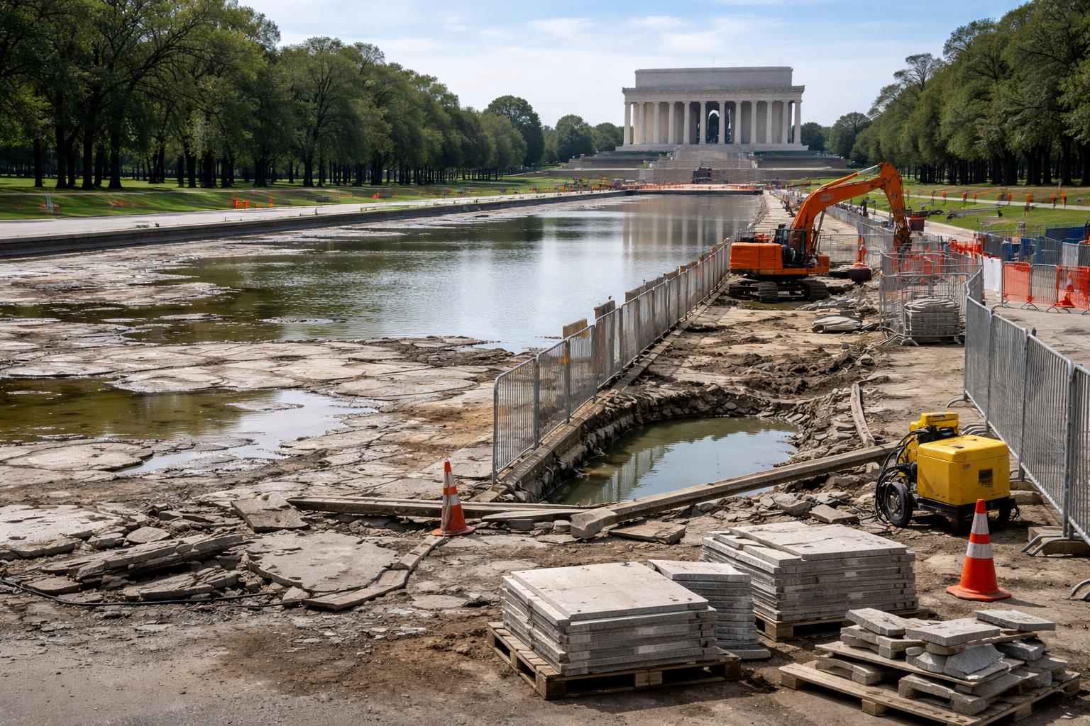 Redaktionelle Szene zum Thema „US-Justizministerium räumt Schaden am Reflecting Pool durch Baufirma ein“