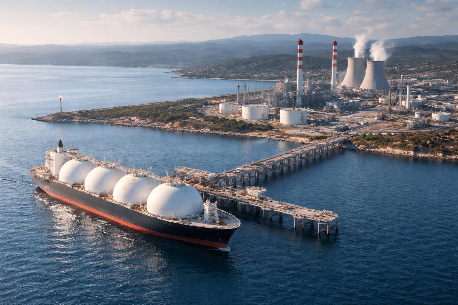 Redaktionelle Szene zum Thema „US-Konzerne drängen mit LNG und Kraftwerken in den Balkan“