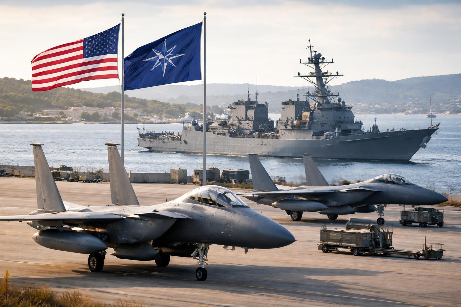Redaktionelle Szene zum Thema „USA wollen für NATO-Einsätze in Europa deutlich weniger Flugzeuge und Schiffe stellen“