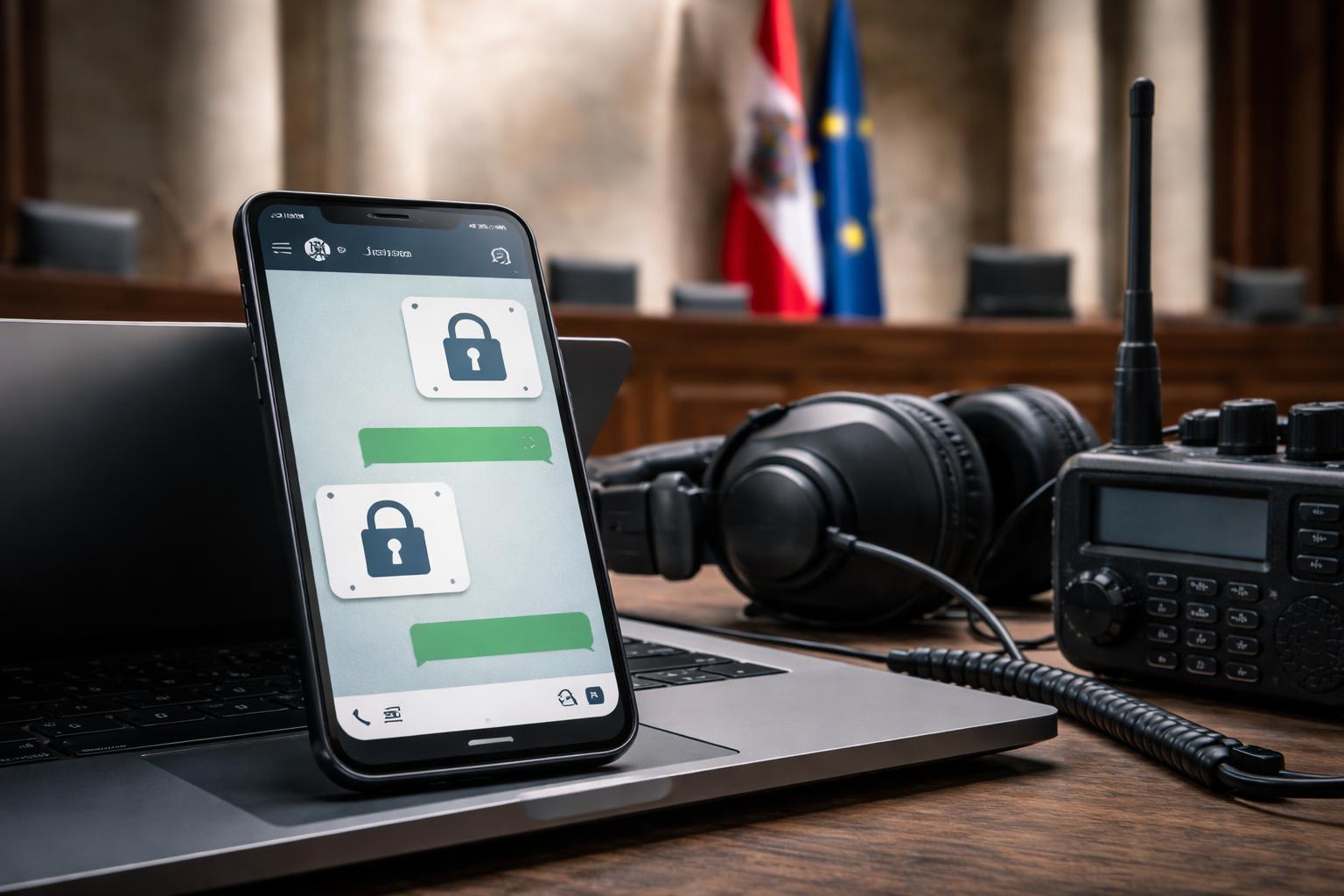Redaktionelle Szene zum Thema „VfGH prüft Messenger-Überwachung: Regierung verteidigt Zugriff für Staatsschutz“