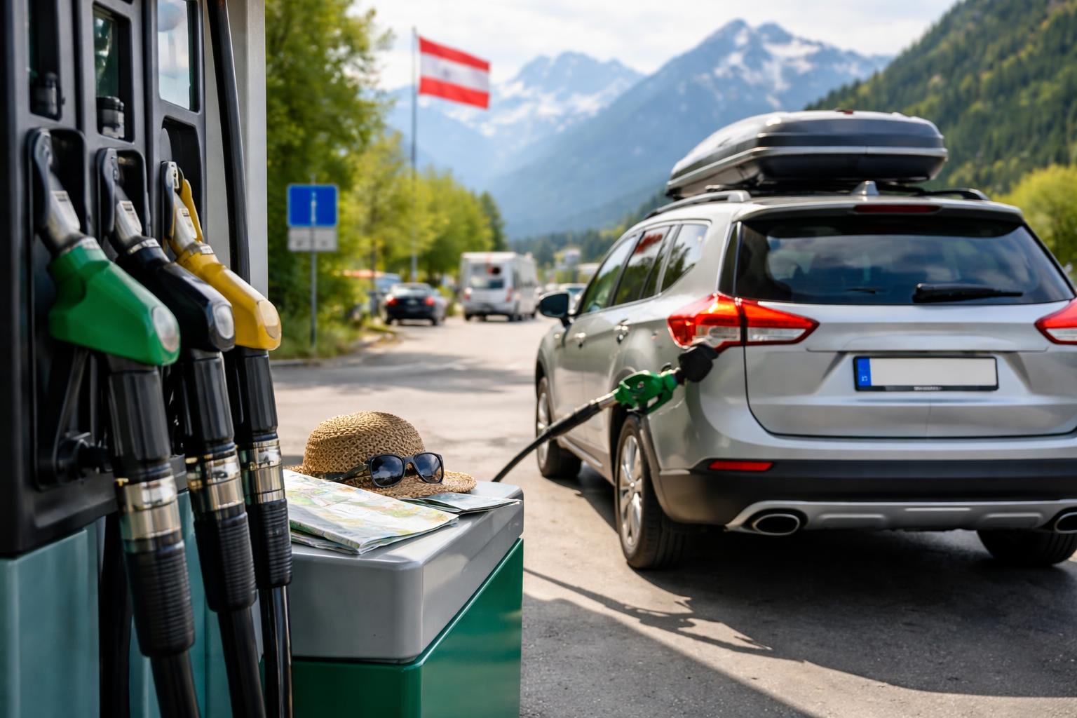 Redaktionelle Szene zum Thema „Volltanken vor der Urlaubsfahrt kann sich in Österreich wieder auszahlen“