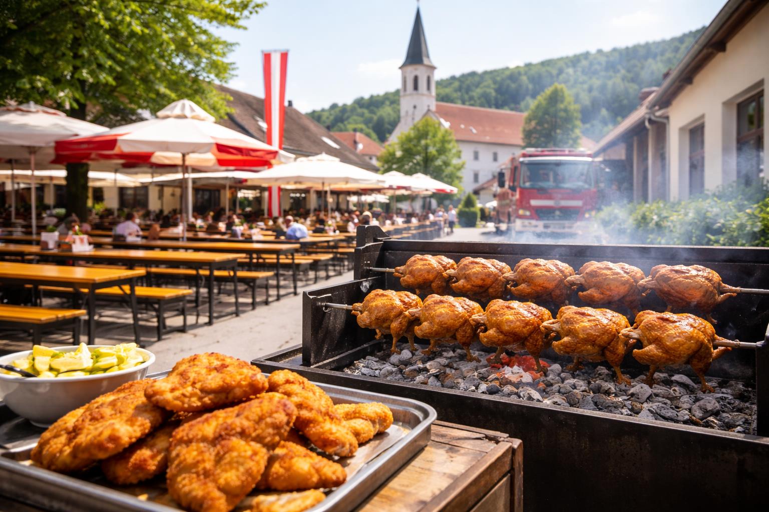 Redaktionelle Szene zum Thema „Vom Backhendl zum Grillhendl: Putzmannsdorf feiert seinen Feuerwehr-Frühschoppen weiter“