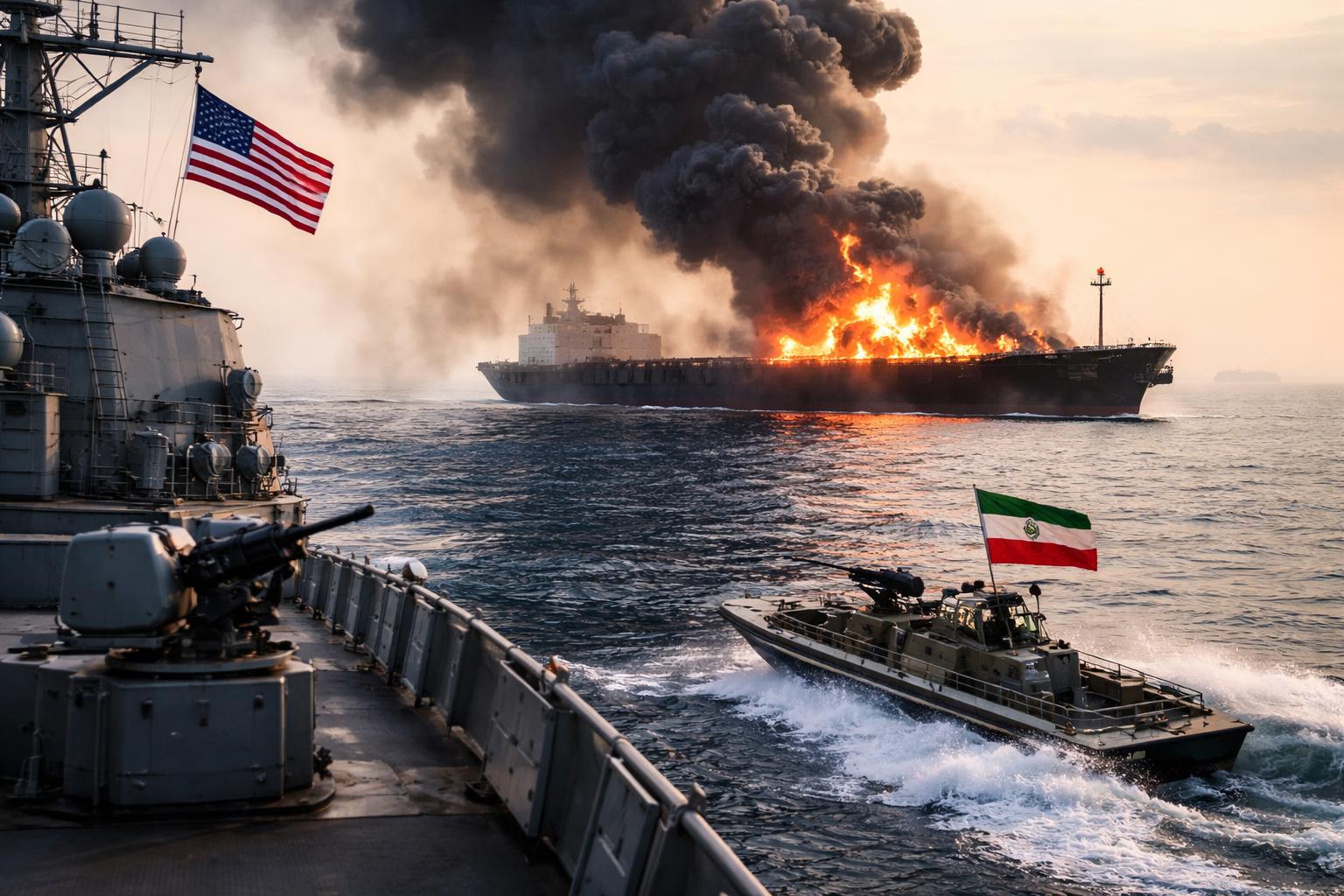 Redaktionelle Szene zum Thema „Waffenruhe zwischen USA und Iran bricht nach Angriffen in der Straße von Hormuz zusammen“
