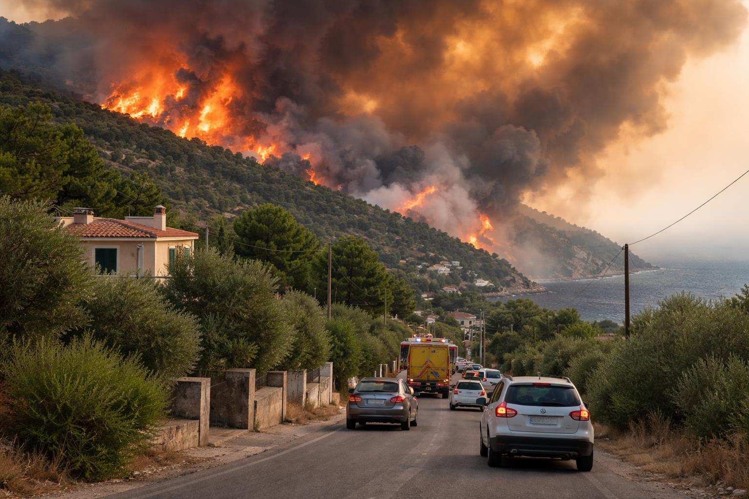 Redaktionelle Szene zum Thema „Waldbrände westlich von Athen zwingen Bewohner zur Flucht“