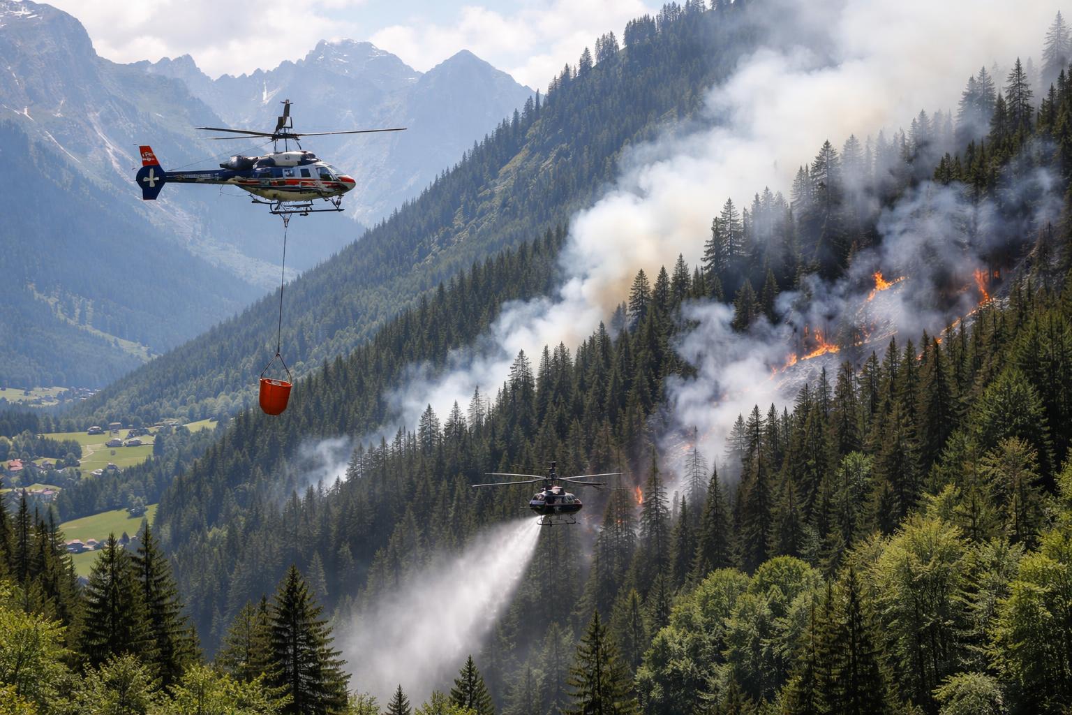 Redaktionelle Szene zum Thema „Waldbrand bei Waidring mit Hubschraubern gelöscht“