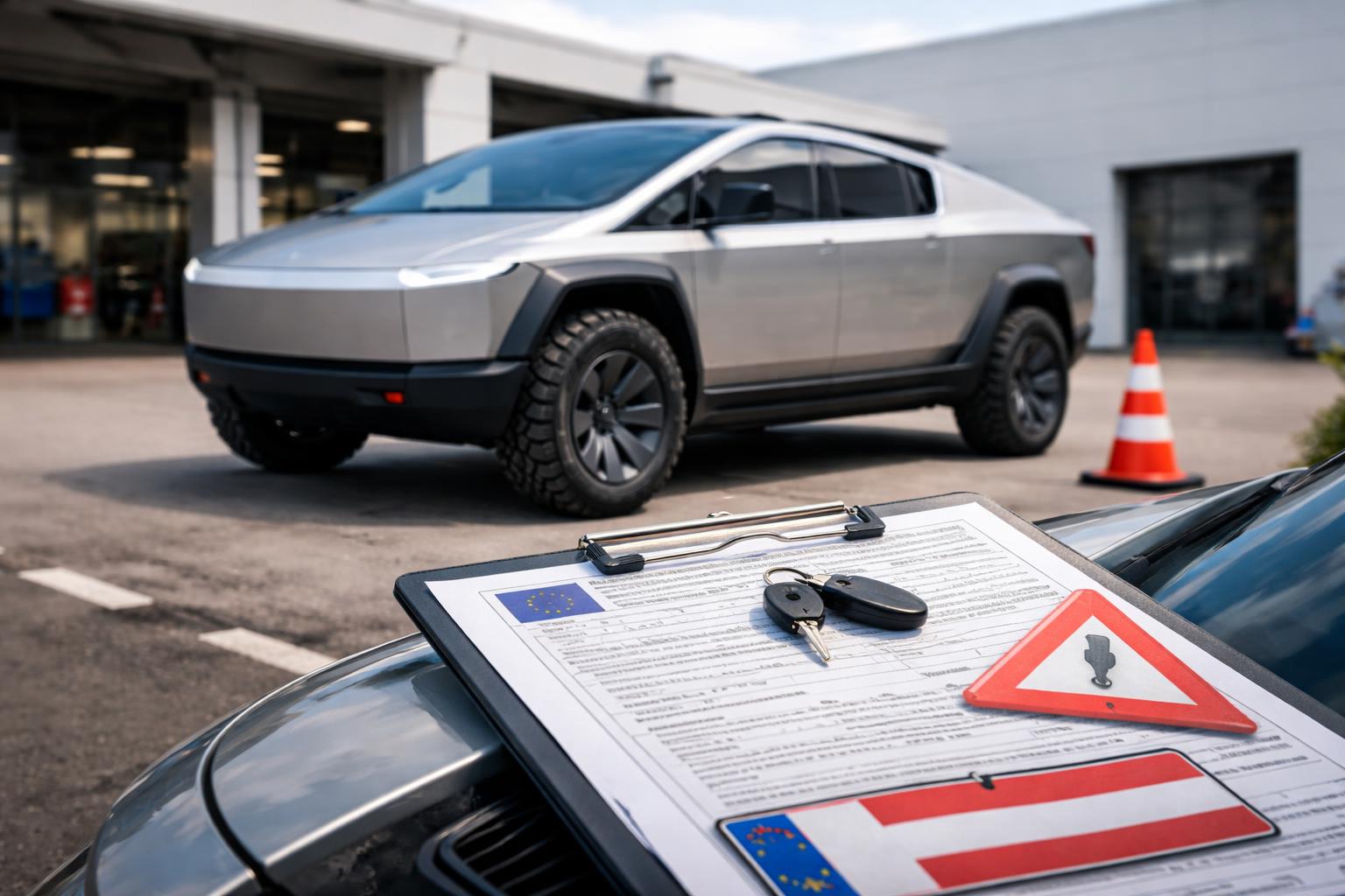 Redaktionelle Szene zum Thema „Warum der Tesla Cybertruck in Österreich keine reguläre Zulassung bekommt“