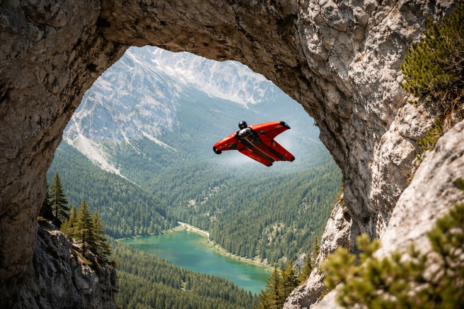 Redaktionelle Szene zum Thema „Wingsuit-Rekord über dem Grünen See: Österreicher fliegt mit 200 km/h durch Felsentor“