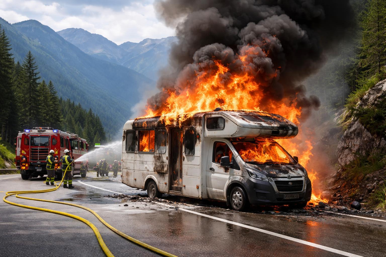 Redaktionelle Szene zum Thema „Wohnmobil am Zirlerberg in Tirol in Flammen aufgegangen“