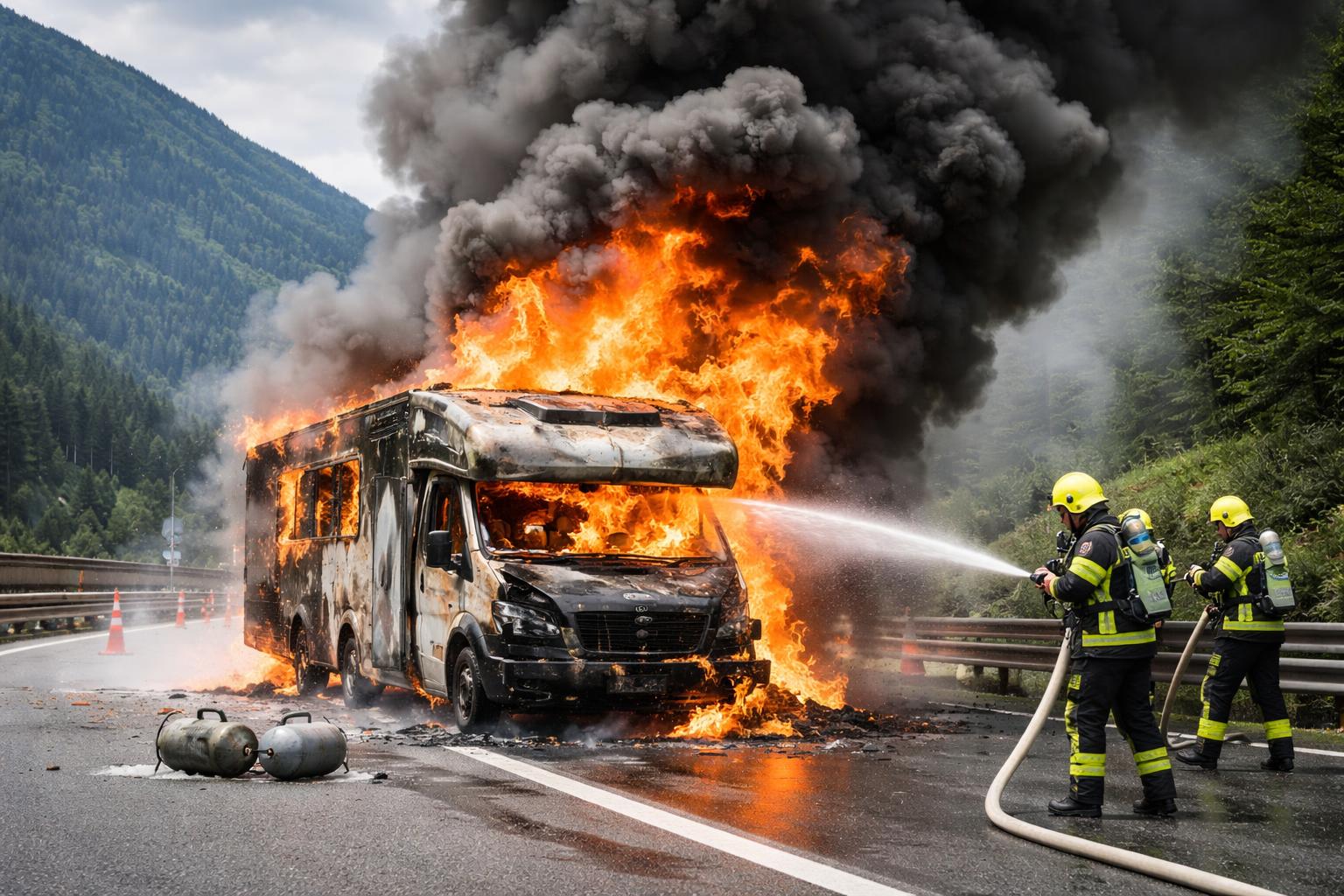 Redaktionelle Szene zum Thema „Wohnmobil auf der A10 in Flammen aufgegangen“
