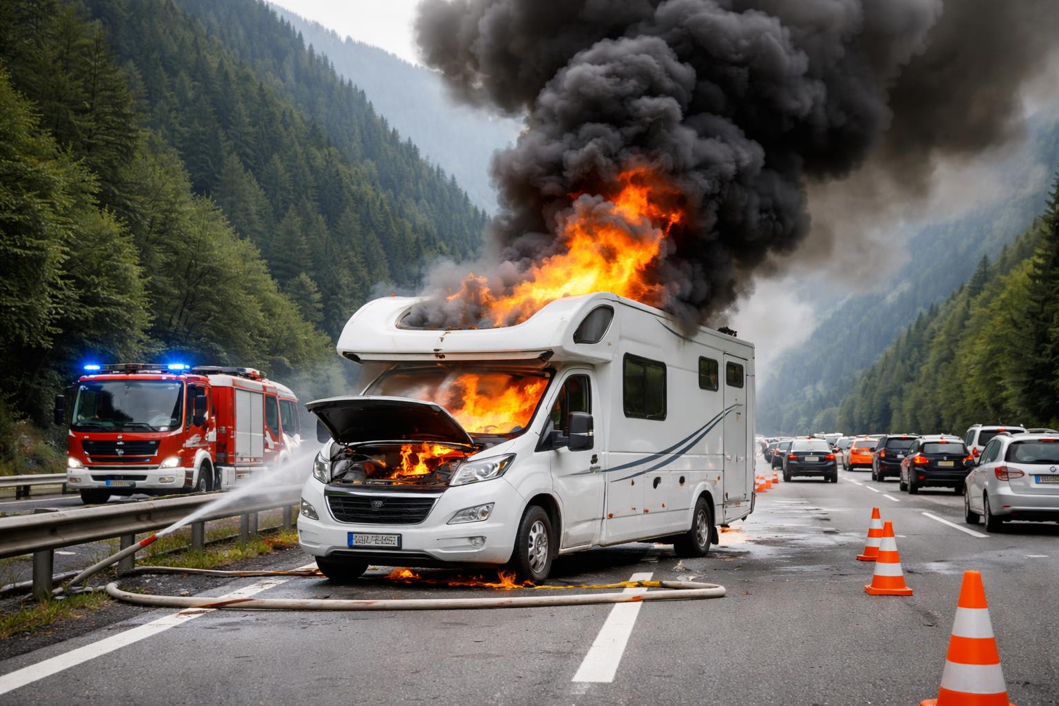 Redaktionelle Szene zum Thema „Wohnmobil auf der Tauernautobahn in Brand geraten – Vater und zwei Kinder unverletzt“