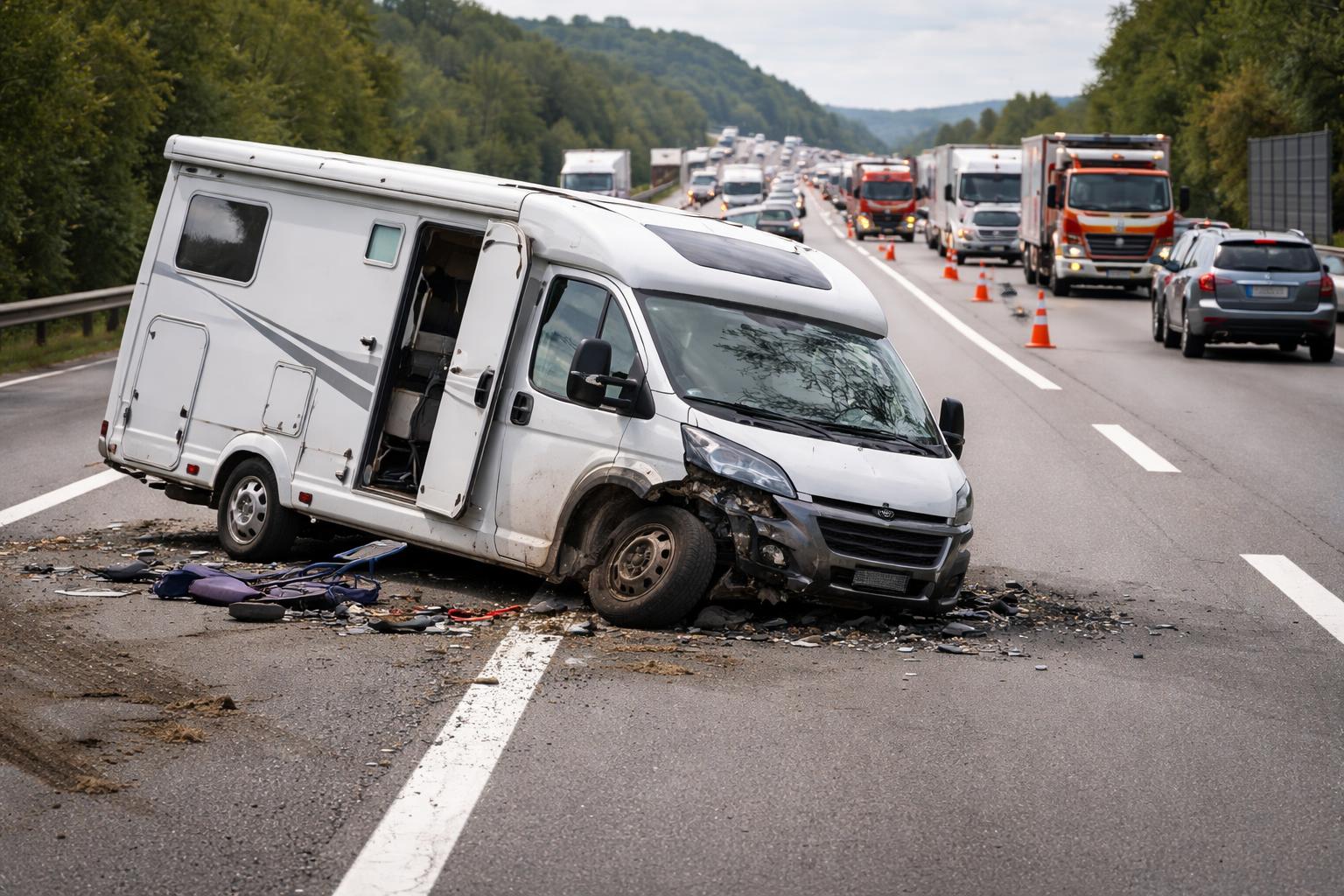 Redaktionelle Szene zum Thema „Wohnmobil kippt auf A2 um – Sperre und Stau nach Reifenplatzer“