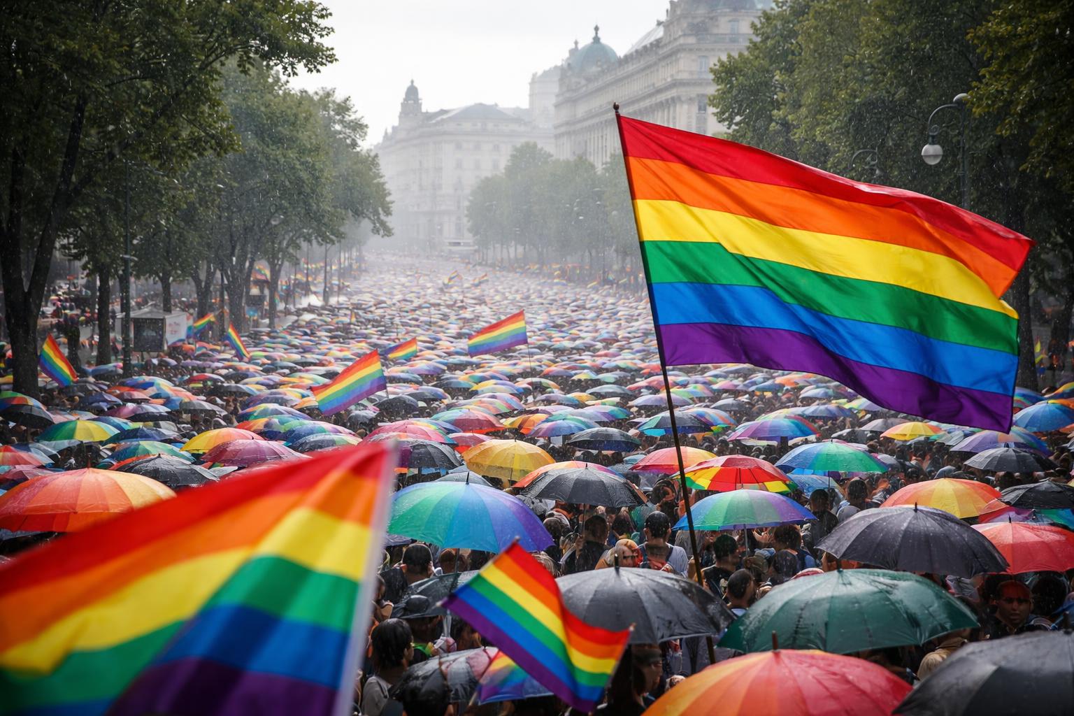 Redaktionelle Szene zum Thema „Zehntausende feiern bei der 30. Regenbogenparade in Wien trotz Regen“