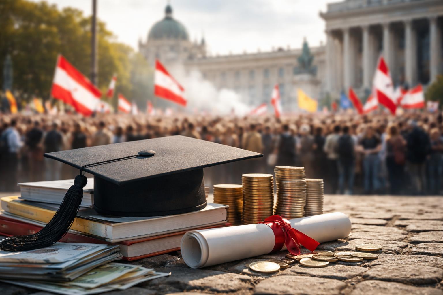 Redaktionelle Szene zum Thema „Zehntausende in Wien gegen Uni-Kürzungen: Rektoren und Studierende erhöhen den Druck auf die Regierung“